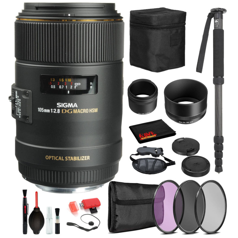 Sigma 105mm f/2.8 EX DG OS HSM Macro Lens for Canon EF with Bundle ncludes: Pro Series Monopod, 3PC Filter Kit + More (International Model)