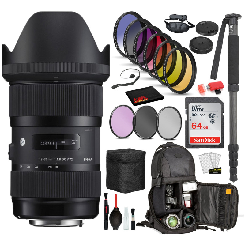 Sigma 18-35mm f/1.8 DC HSM Art Lens for Canon EF with Bundle Includes: Sandisk 64gb SD Card, 9PC Filter Kit + More (International Model)