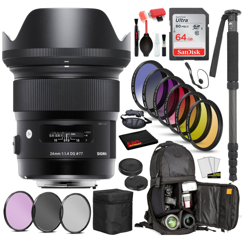 Sigma 24mm f/1.4 DG HSM Art Lens for Canon EF with Bundle Includes: Sandisk 64gb SD Card, 9PC Filter Kit + More (International Model)