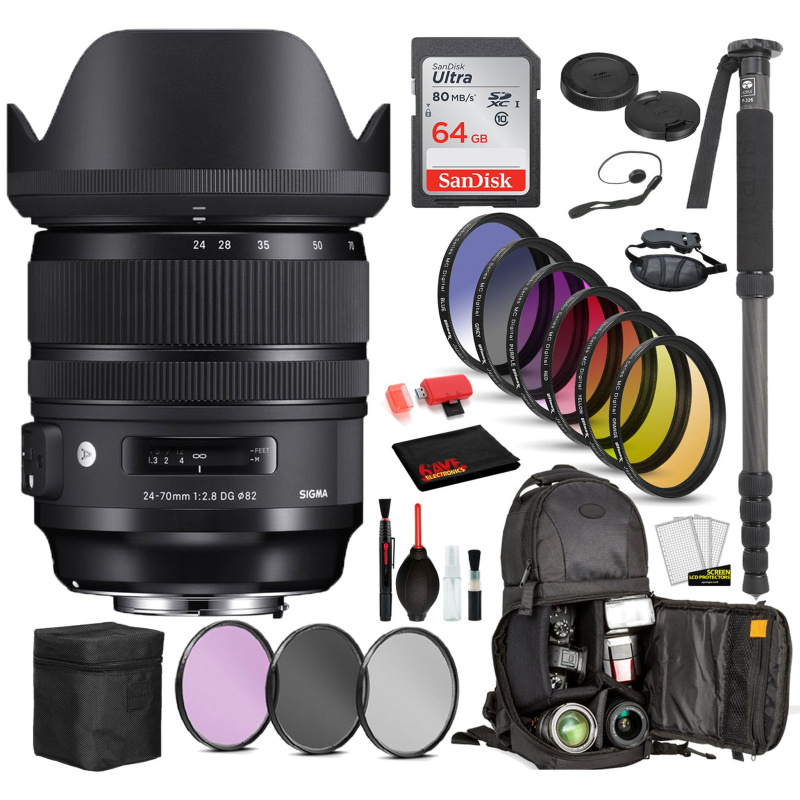 Sigma 24-70mm f/2.8 DG OS HSM Art Lens for Canon EF with Bundle Includes: Sandisk 64gb SD Card, 9PC Filter Kit + More (International Model)