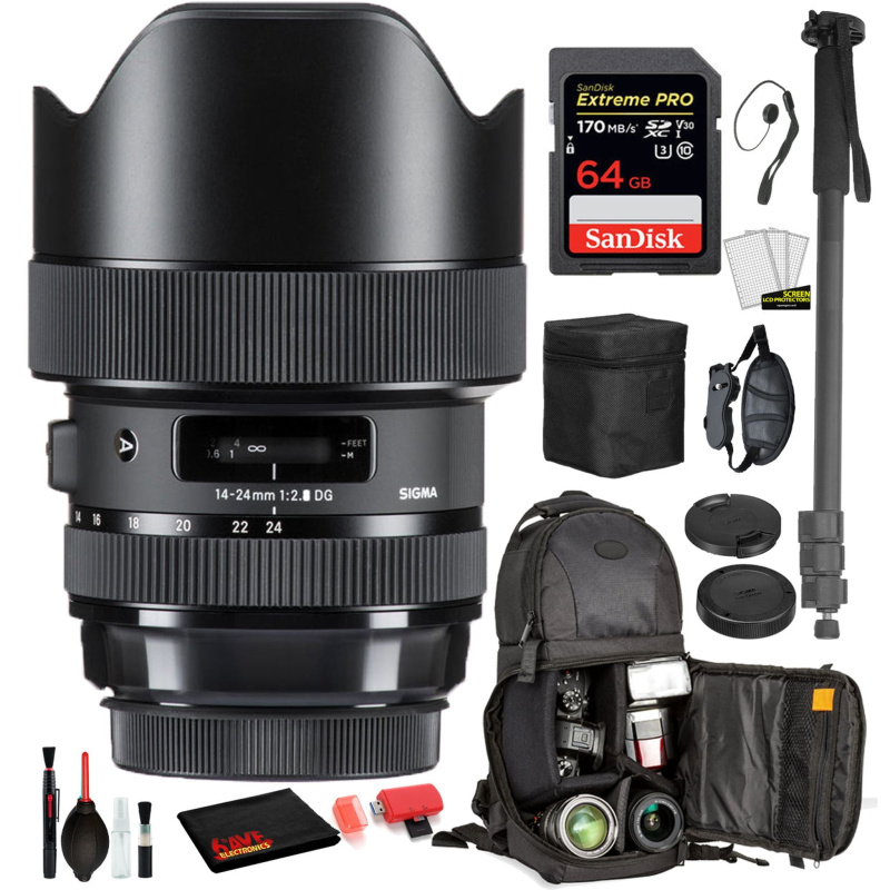 Sigma 14-24mm f/2.8 DG HSM Art Lens for Canon EF with Bundle: Sandisk extreme Pro 64gb SD Card, Sling Backpack + More (International Model)