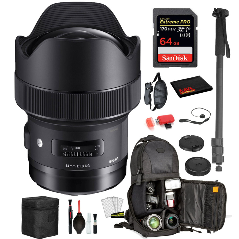 Sigma 14mm f/1.8 DG HSM Art Lens for Canon EF with Bundle: Sandisk extreme Pro 64gb SD Card, Sling Backpack + More (International Model)