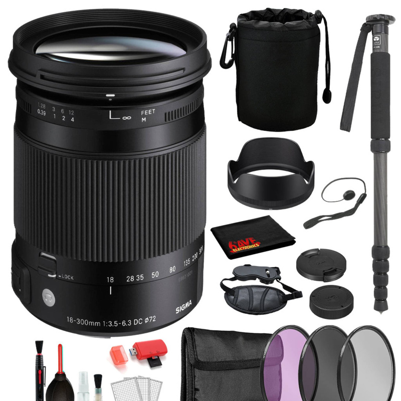 Sigma 18-300mm f/3.5-6.3 DC Macro OS HSM Contemporary Lens for Nikon F with Bundle: Monopod, 3PC Filter Kit + More