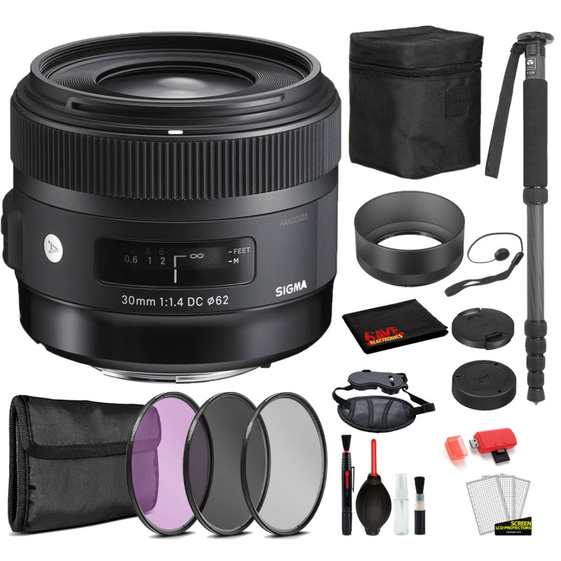 Sigma 30mm f/1.4 DC HSM Art Lens for Nikon F with Bundle Includes: Pro Series Monopod, 3PC Filter Kit + More