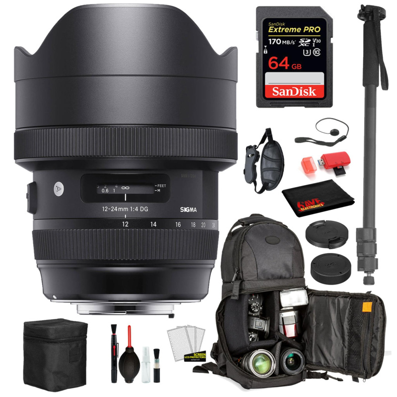 Sigma 12-24mm f/4 DG HSM Art Lens for Nikon F with Bundle: Sandisk extreme Pro 64gb SD Card, Sling Backpack + More