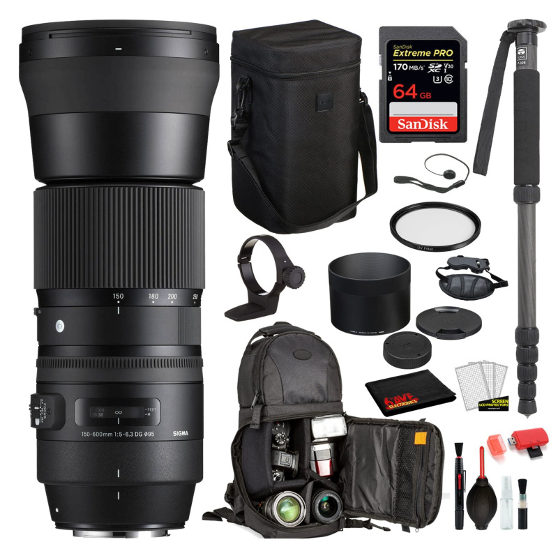 Sigma 150-600mm f/5-6.3 DG OS HSM Contemporary Lens for Nikon F with Bundle: UV Filter + SanDisk Pro 64gb SD + More