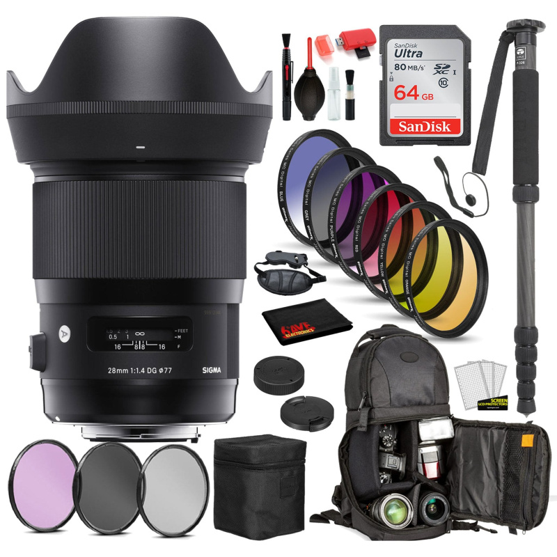 Sigma 28mm f/1.4 DG HSM Art Lens for NikonF with Bundle: Sandisk 64gb SD Card, 9PC Filter Kit + More