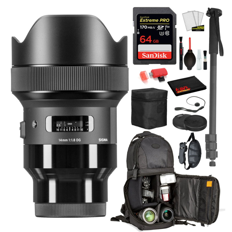 Sigma 14mm f/1.8 DG HSM Art Lens for Sony E Mount (450965) with: Sandisk extreme Pro 64gb SD Card, Sling Backpack + More