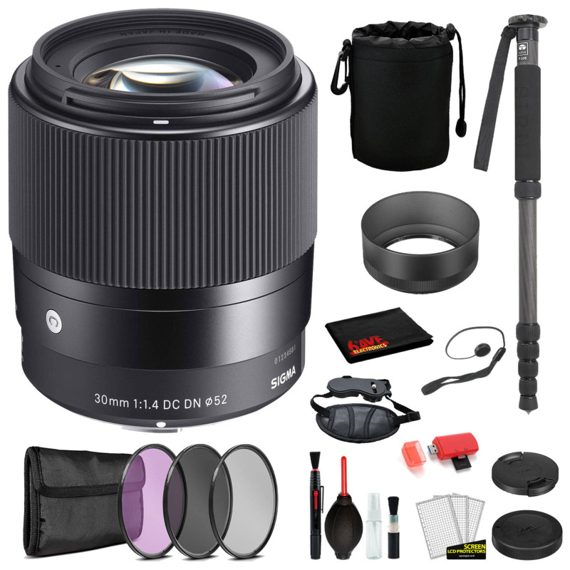Sigma 30mm f/1.4 DC DN Contemporary Lens for Sony E Mount with: Pro Series Monopod, 3PC Filter Kit + More