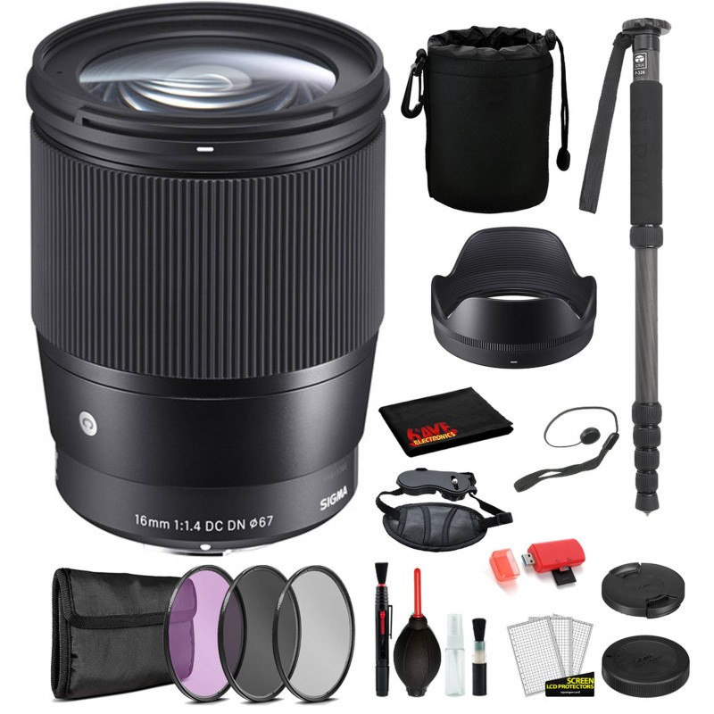Sigma 16mm f/1.4 DC DN Contemporary Lens for Sony E Mount with: Pro Series Monopod, 3PC Filter Kit + More