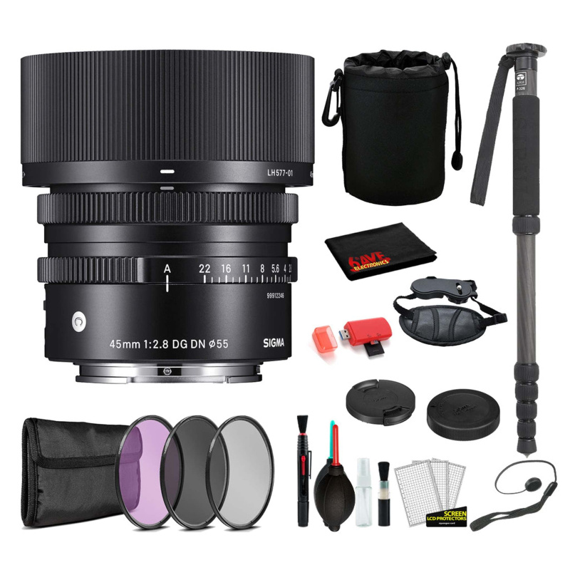 Sigma 45mm f/2.8 DG DN Contemporary Lens for Sony E Mount with: Pro Series Monopod, 3PC Filter Kit + More