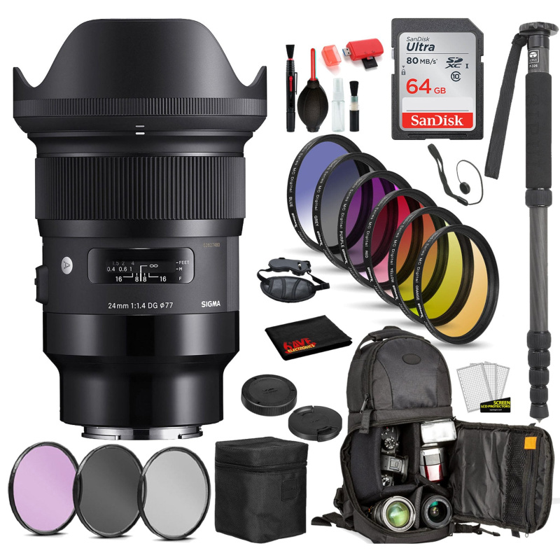 Sigma 24mm f/1.4 DG HSM Art Lens for Sony E (401965) with: Sandisk 64gb SD Card, 9PC Filter Kit + More