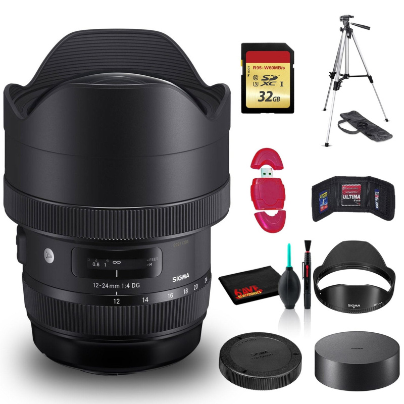 Sigma 12-24mm f/4 DG HSM Art Lens for Canon EF with Cleaning Kit, 57" Full Size Tripod, and 32GB Memory Card Kit (International Model)