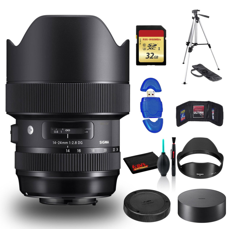 Sigma 14-24mm f/2.8 DG HSM Art Lens for Canon EF with Cleaning Kit, Full Size Tripod, and 32GB Memory Kit Bundle (International Model)