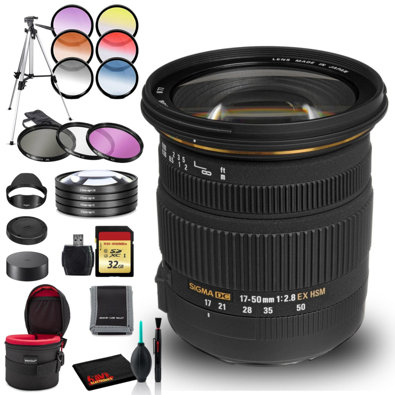 Sigma 17-50mm f/2.8 EX DC OS HSM Lens for Canon EF with Cleaning Kit, Tripod, 32GB Memory, Filters, and Padded Lens Case Bundle (International Model)