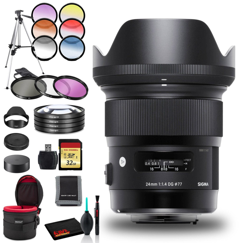 Sigma 24mm f/1.4 DG HSM Art Lens for Canon EF with Cleaning Kit, Tripod, 32GB Memory Kit, Filter Kits, and Padded Case (International Model)