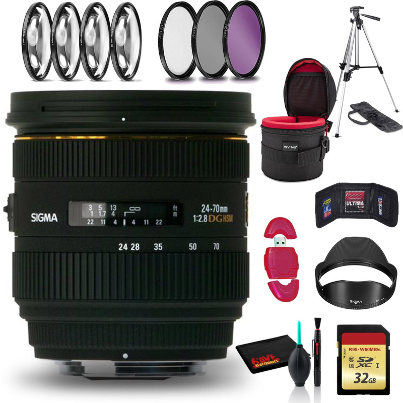 Sigma 24-70mm f/2.8 IF EX DG HSM Lens for Sony A with Cleaning Kit, Full Size Tripod, 32GB Memory Kit, Filters, and Case