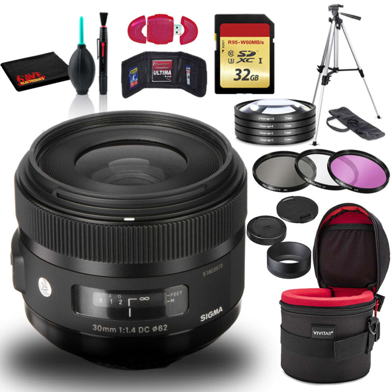 Sigma 30mm f/1.4 DC HSM Art Lens for Nikon F with Cleaning Kit, Tripod, 32GB Memory, USB Card Reader, Filters, and Case Bundle