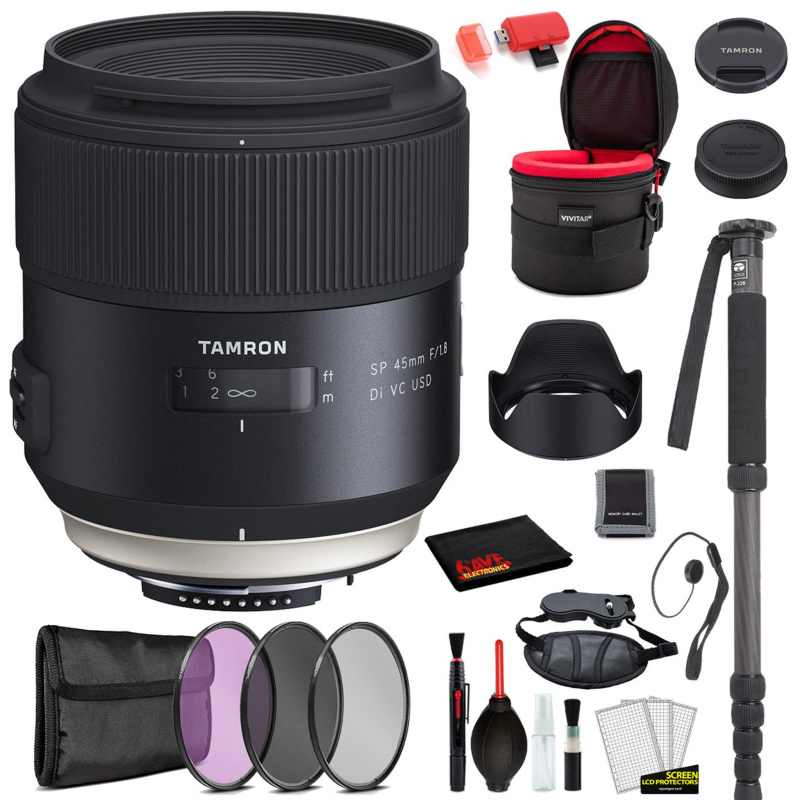 Tamron SP 45mm f/1.8 Di VC USD Lens for Nikon F  with Bundle Includes: Vivtar Padded Lens Case, 3PC Filter Kit + More