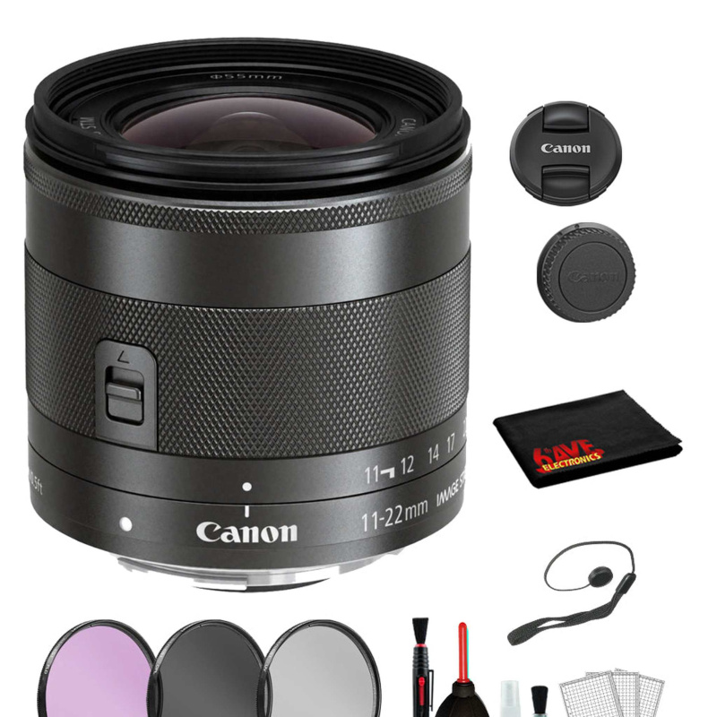 Canon EF-M 11-22mm f/4-5.6 IS STM Lens  Lens with Bundle includes 3pc Filter Kit  + Deluxe Cleaning Kit + More (International Model)