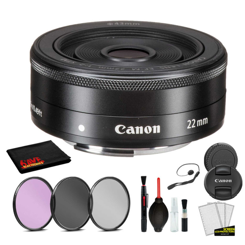 Canon EF-M 22mm f/2 STM Lens (Graphite) Lens with Bundle includes 3pc Filter Kit  + Deluxe Cleaning Kit + More (International Model)