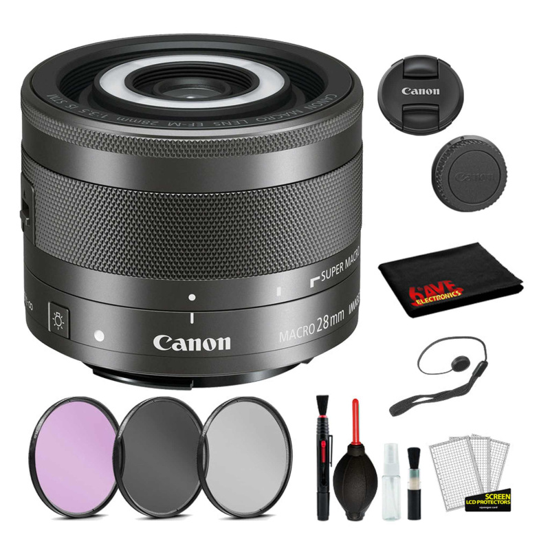Canon EF-M 28mm f/3.5 Macro IS STM Lens (1362C002) Lens with Bundle includes 3pc Filter Kit + Deluxe Cleaning Kit + More (International Model)
