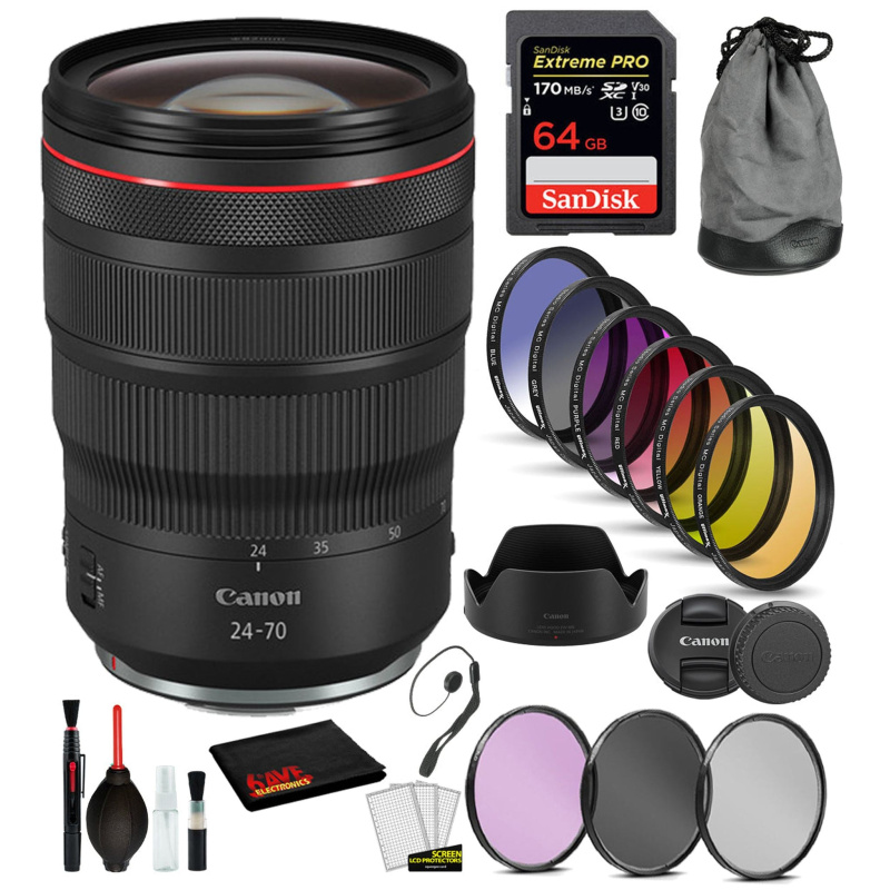 Canon RF 24-70mm f/2.8L IS USM Lens (3680C002) with Bundle  Includes: 9PC Filter Kit, Sandisk Extreme Pro 64gb + More (International Model)