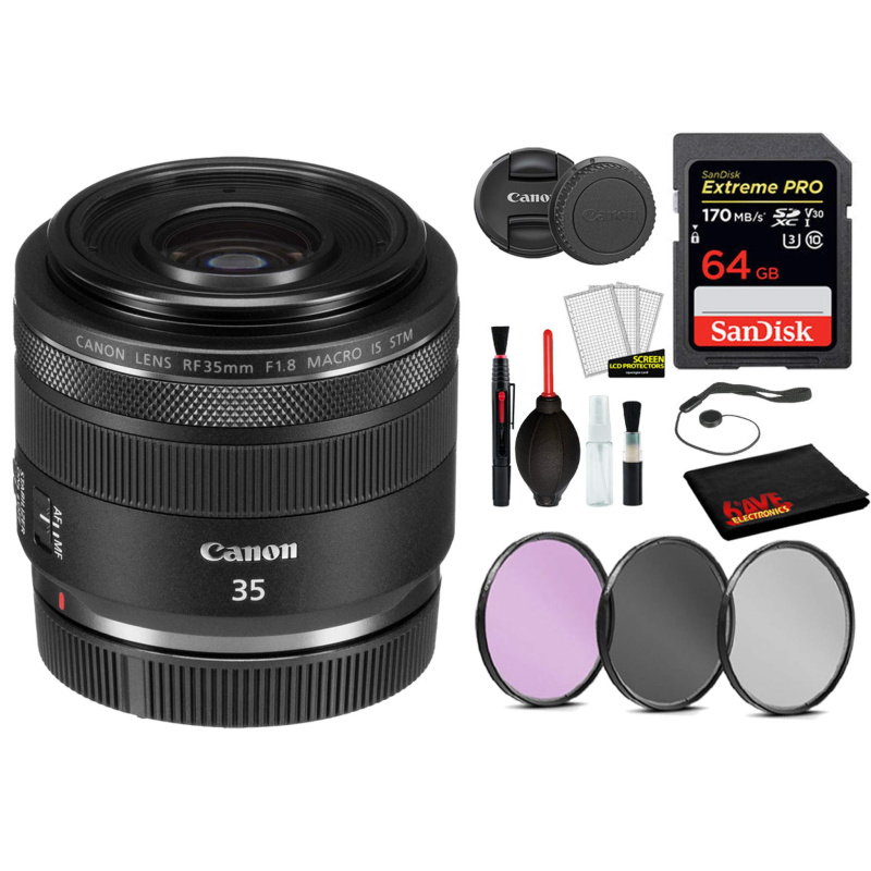 Canon RF 35mm f/1.8 IS Macro STM Lens (2973C002) with  Bundle  Includes: 9PC Filter Kit, Sandisk Extreme Pro 64gb + More (International Model)