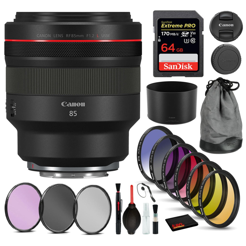 Canon RF 85mm f/1.2L USM Lens (3447C002) with  Bundle Includes: 9PC Filter Kit, Sandisk Extreme Pro 64gb + More (International Model)