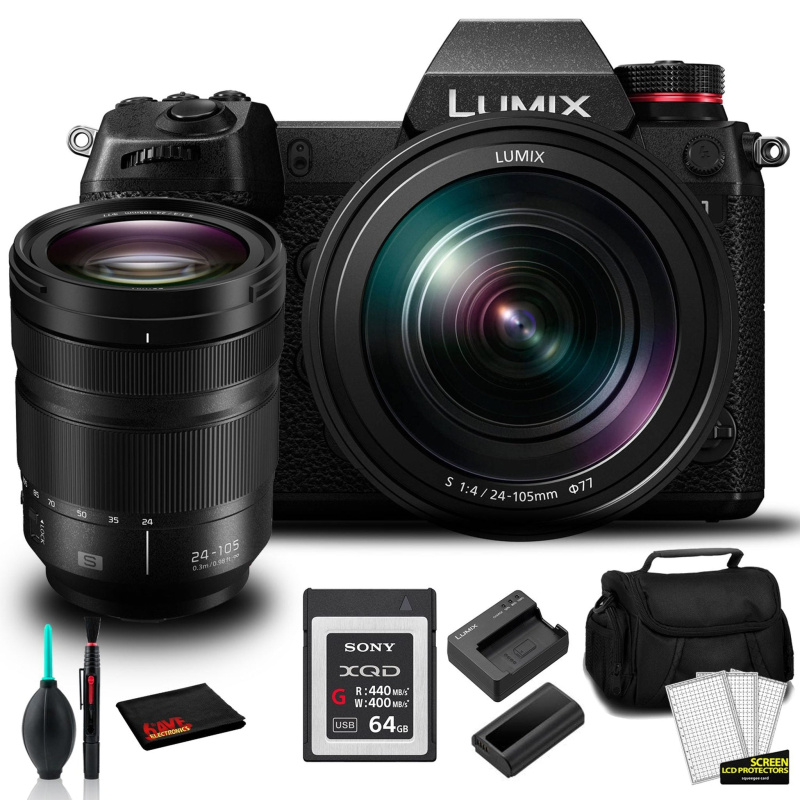 Panasonic Lumix DC-S1 Full-Frame Mirrorless Digital Camera with 24-105mm Lens -Bundle with 64GB Memory Card +  MORE