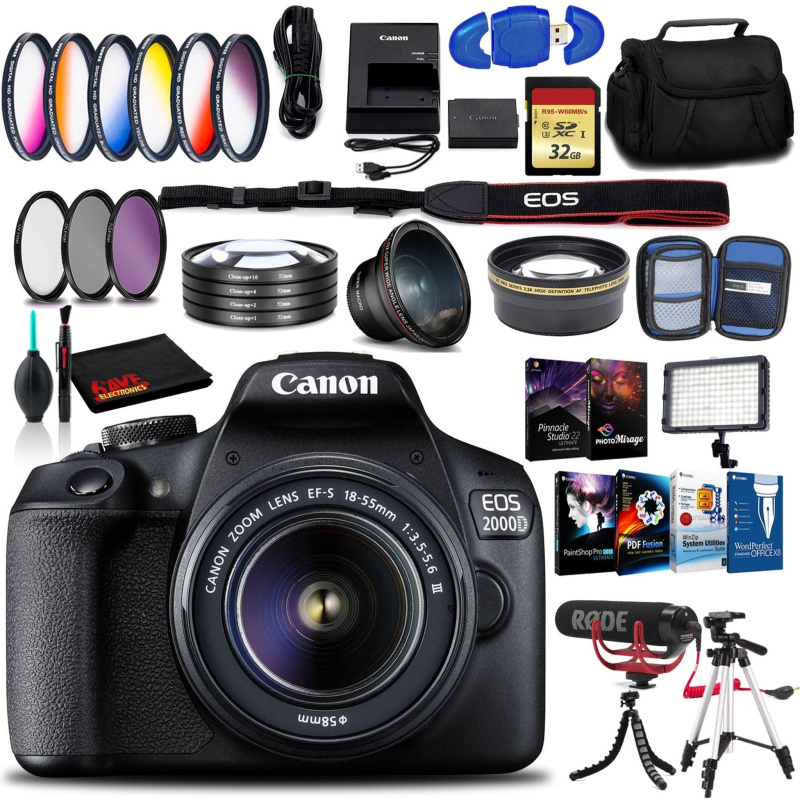 Canon EOS 2000D DSLR Camera with EF-S 18-55 mm f/3.5-5.6 III Lens (Intl Model) with Memory Kit, Mic, LED Light, and More (International Model)