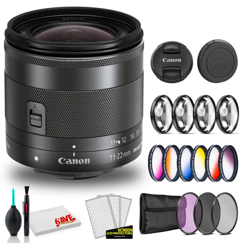 Canon EF-M 11-22mm f/4-5.6 IS STM Lens (International Model) with Cleaning Kit and Filter Kits Bundle