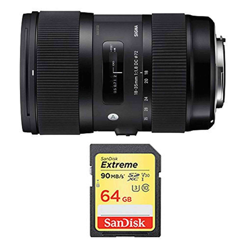 Sigma AF 18-35mm f/1.8 DC HSM Lens for Canon Includes Sandisk 64GB Extreme SD Memory UHS-I Card w/ 90/60MB/s Read/Write Bundle (International Model)