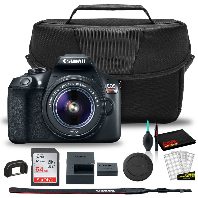 Canon EOS Rebel T6 DSLR Camera with 18-55mm Lens (1159C003) +  EOS Bag +  Sandisk Ultra 64GB Card + Clean and Care Kit (International Model)