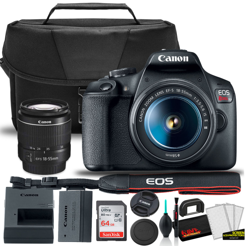 Canon EOS Rebel T7 DSLR Camera with 18-55mm Lens Starter Bundle  + Includes: EOS Bag +  Sandisk Ultra 64GB Card + Clean and Care Kit + More (Internati