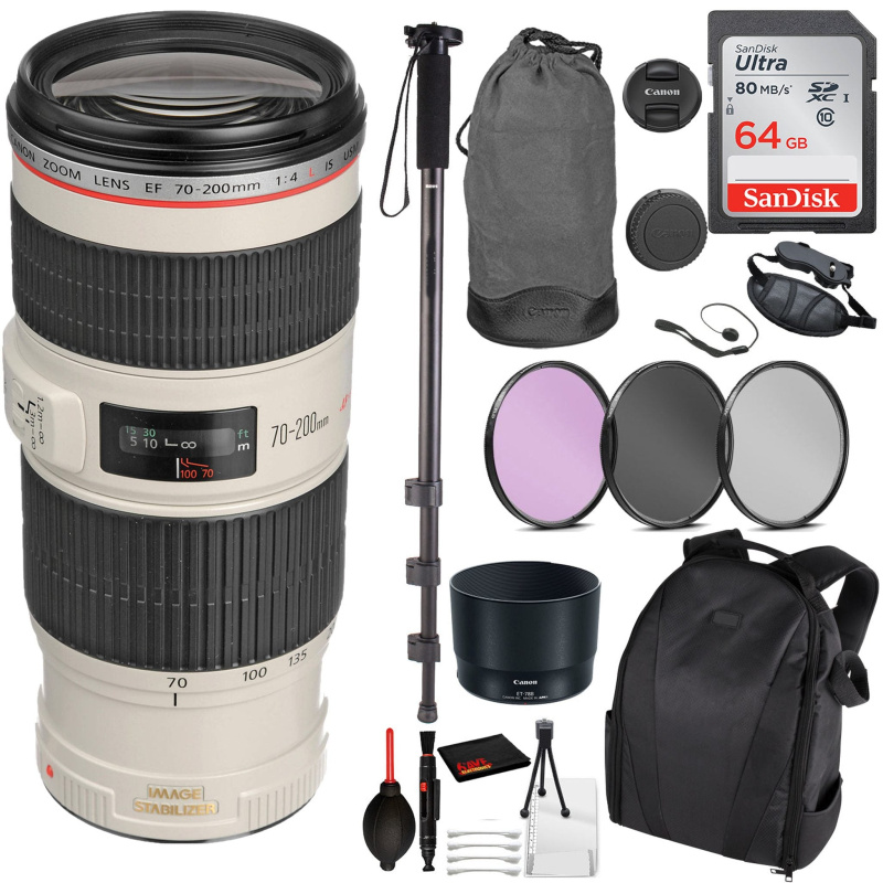 Canon EF 70-200mm f/4L IS USM Lens (1258B002) Essential Bundle Kit for Canon EOS - International Model No Warranty