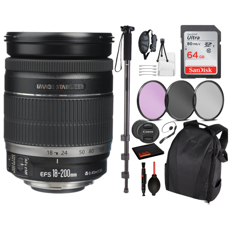 Canon EF-S 18-200mm f/3.5-5.6 IS Lens (2752B002) Essential Bundle Kit for Canon EOS - International Model No Warranty
