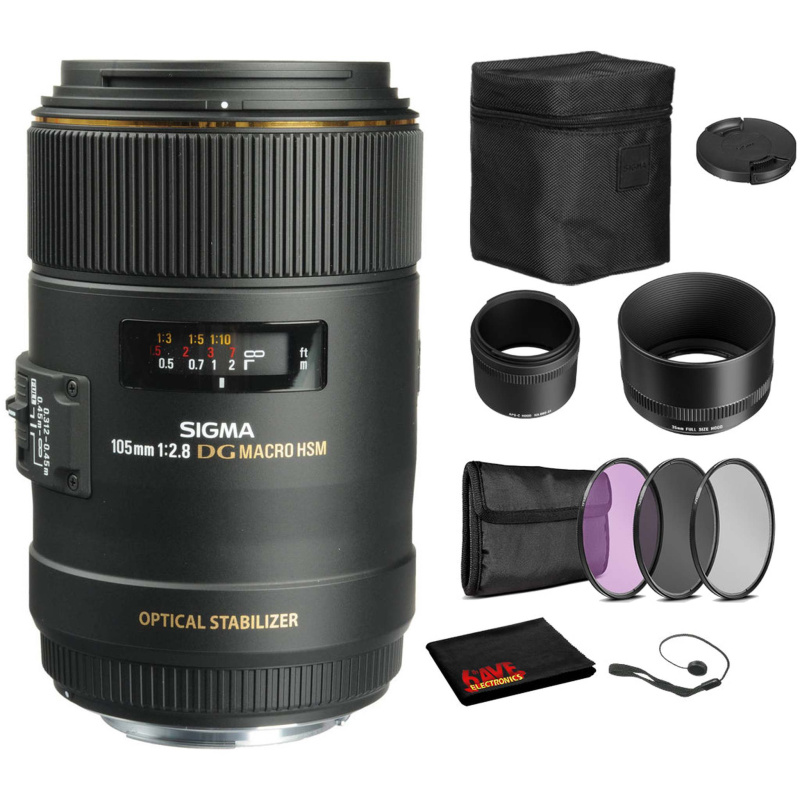 Sigma 105mm f/2.8 EX DG OS HSM Macro Lens for Nikon F with Bundle: 3pc Filter Kit + More