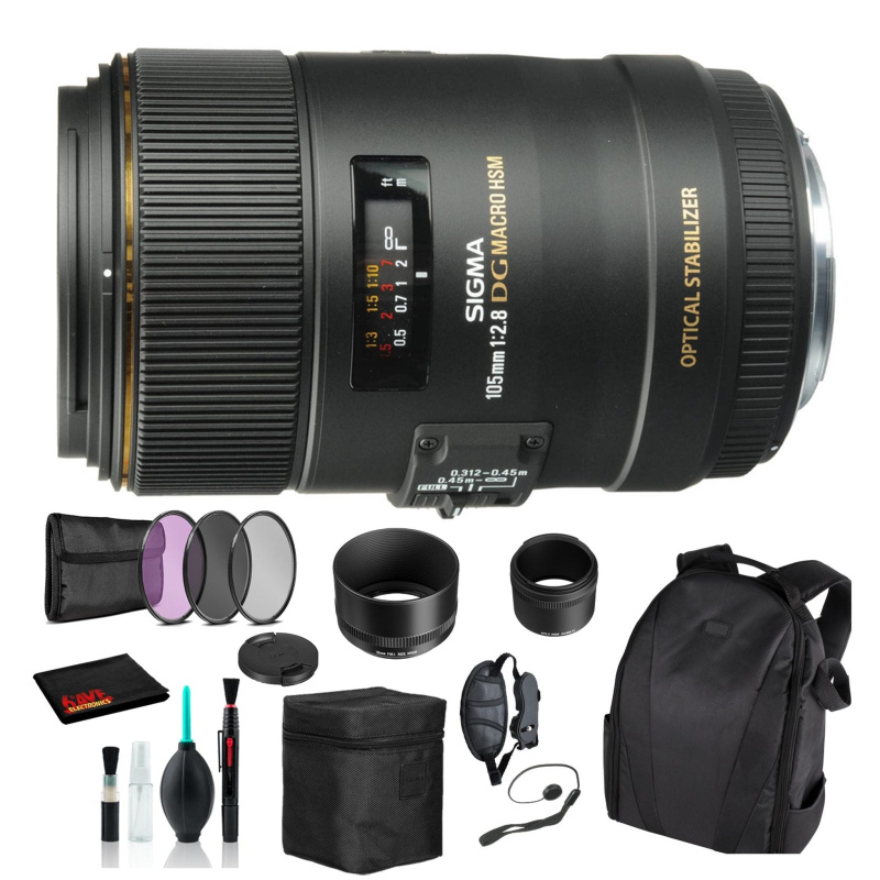 Sigma 105mm f/2.8 EX DG OS HSM Macro Lens for Nikon F with Essential Bundle: Backpack + 3PC Filter + More