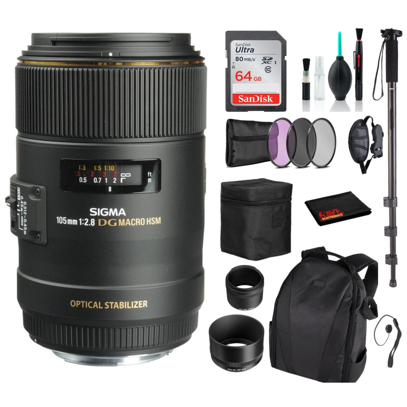 Sigma 105mm f/2.8 EX DG OS HSM Macro Lens for Nikon F with Advance Bundle: Backpack + Sandisk 64gb SD+ More