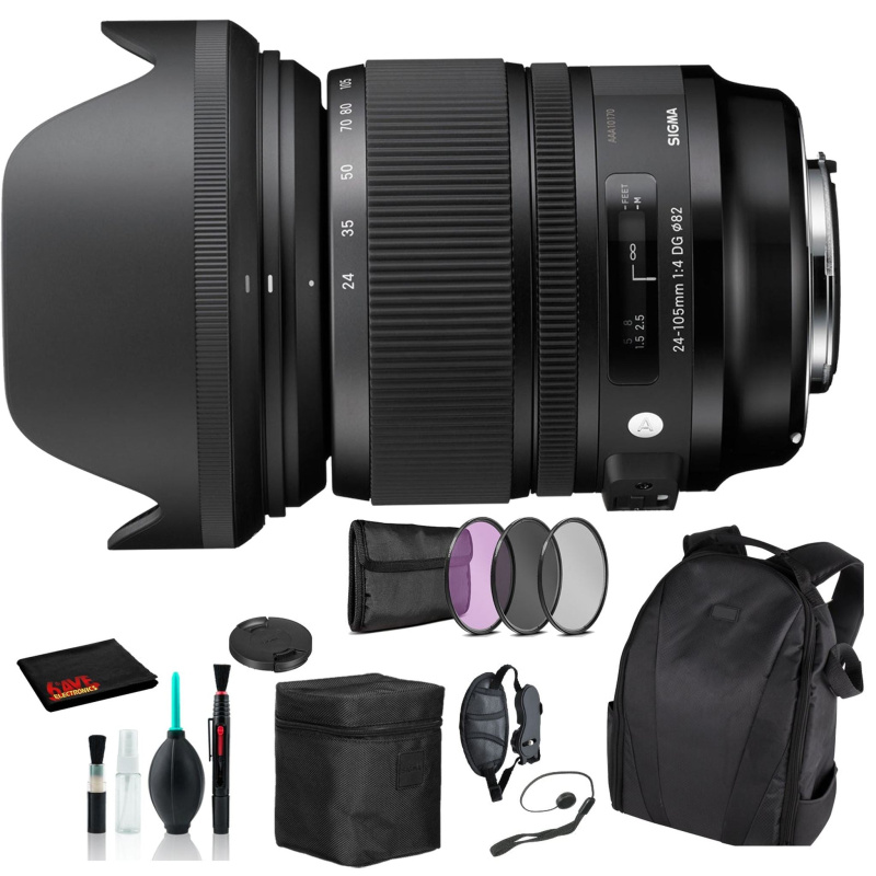 Sigma 24-105mm f/4 DG OS HSM Art Lens for Nikon F with Essential Bundle: Backpack + 3PC Filter + More