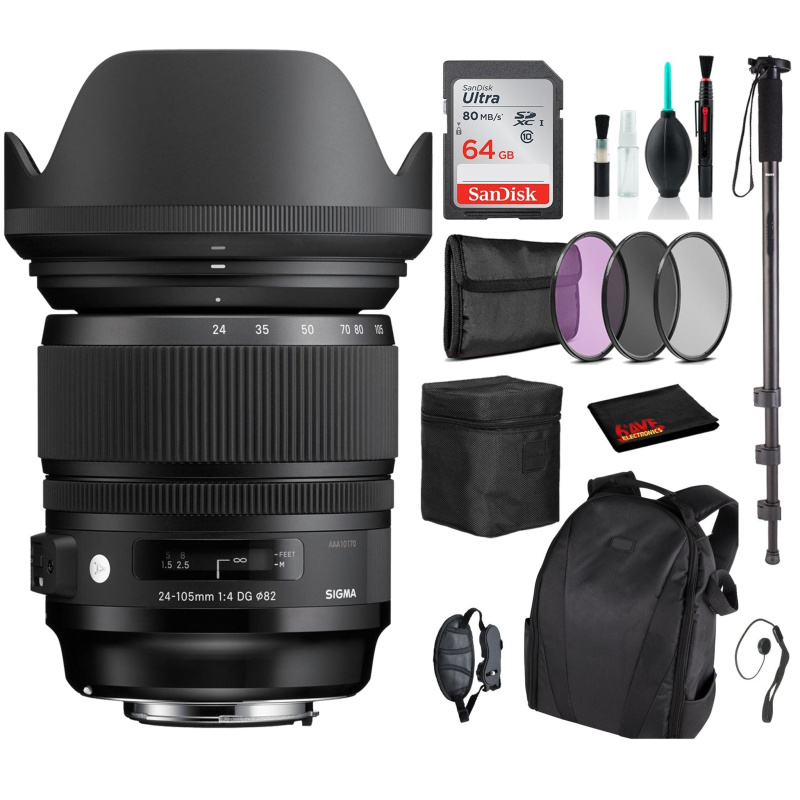 Sigma 24-105mm f/4 DG OS HSM Art Lens for Nikon F with Advance Bundle: Backpack + Sandisk 64gb SD+ More