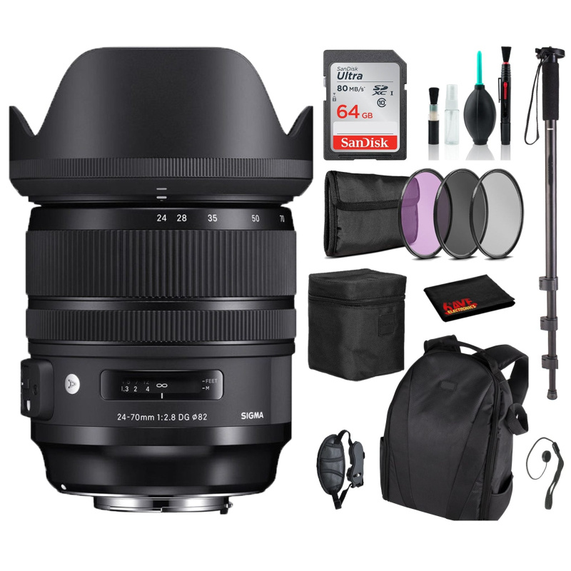 Sigma 24-70mm f/2.8 DG OS HSM Art Lens for Canon EF with Advance Bundle: Backpack + Sandisk 64gb SD+ More (International Model)