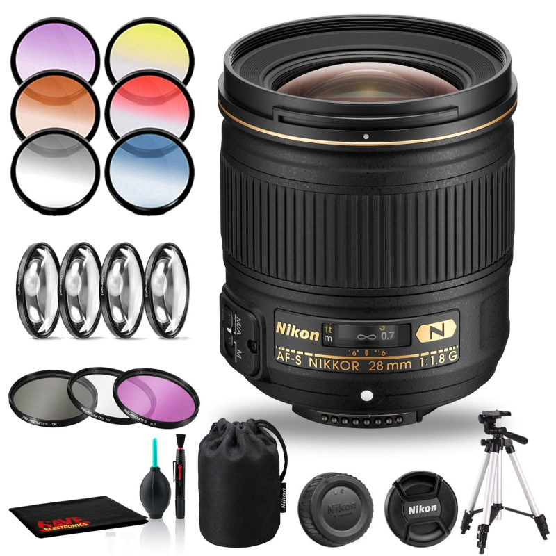 Nikon AF-S NIKKOR 28mm f/1.8G Lens Includes Filter Kits and Tripod (Intl Model) Bundle
