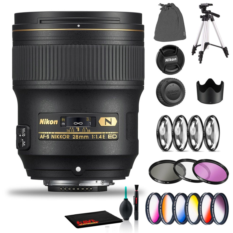 Nikon AF-S NIKKOR 28mm f/1.4E ED Lens Includes Filter Kits and Tripod (Intl Model) Bundle