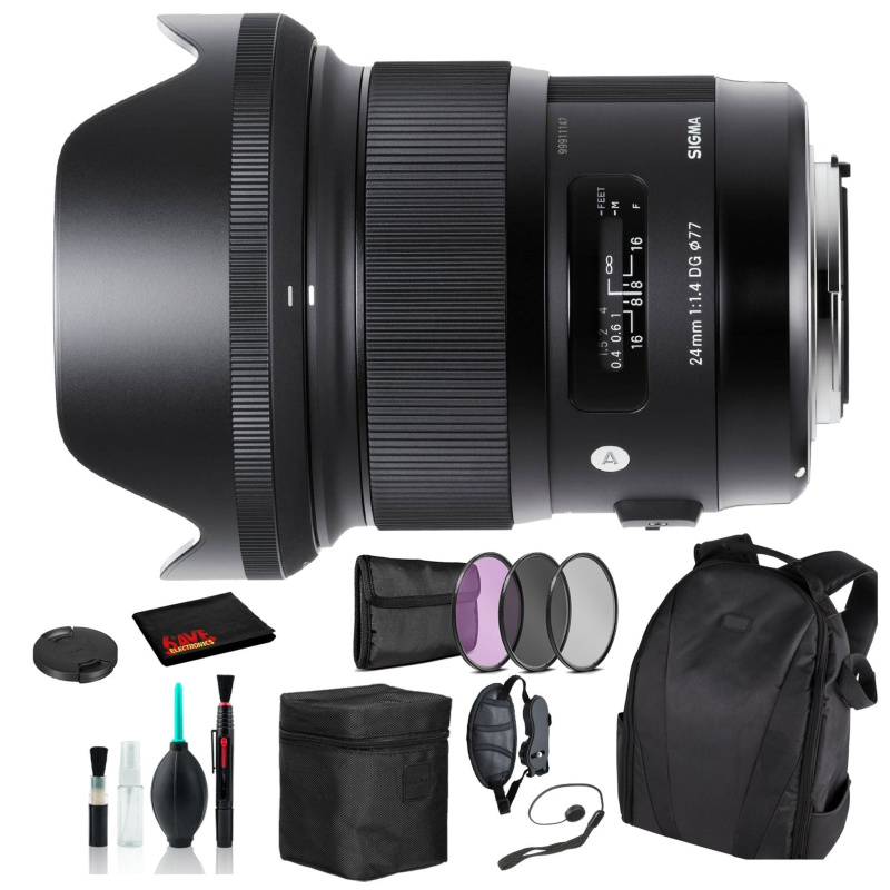 Sigma 24mm f/1.4 DG HSM Art Lens for Nikon F with Essential Bundle: Backpack + 3PC Filter + More