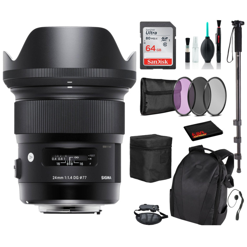Sigma 24mm f/1.4 DG HSM Art Lens for Nikon F with Advance Bundle: Backpack + Sandisk 64gb SD+ More