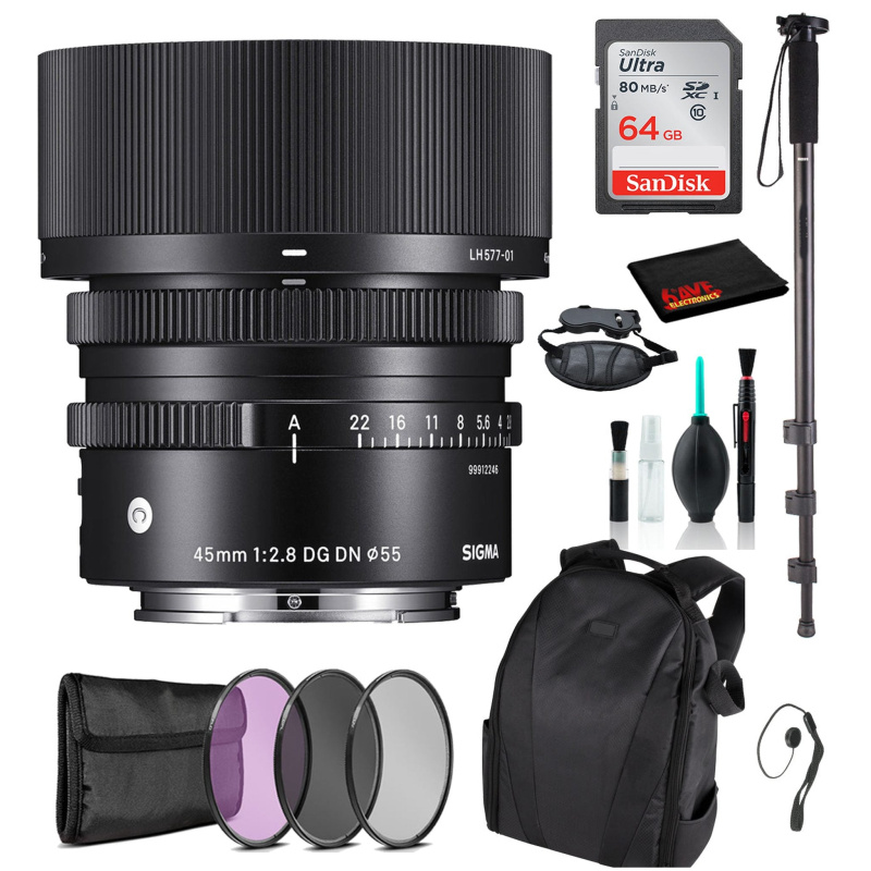 Sigma 45mm f/2.8 DG DN Contemporary Lens for Sony E with Advance Bundle: Backpack + Sandisk 64gb SD+ More