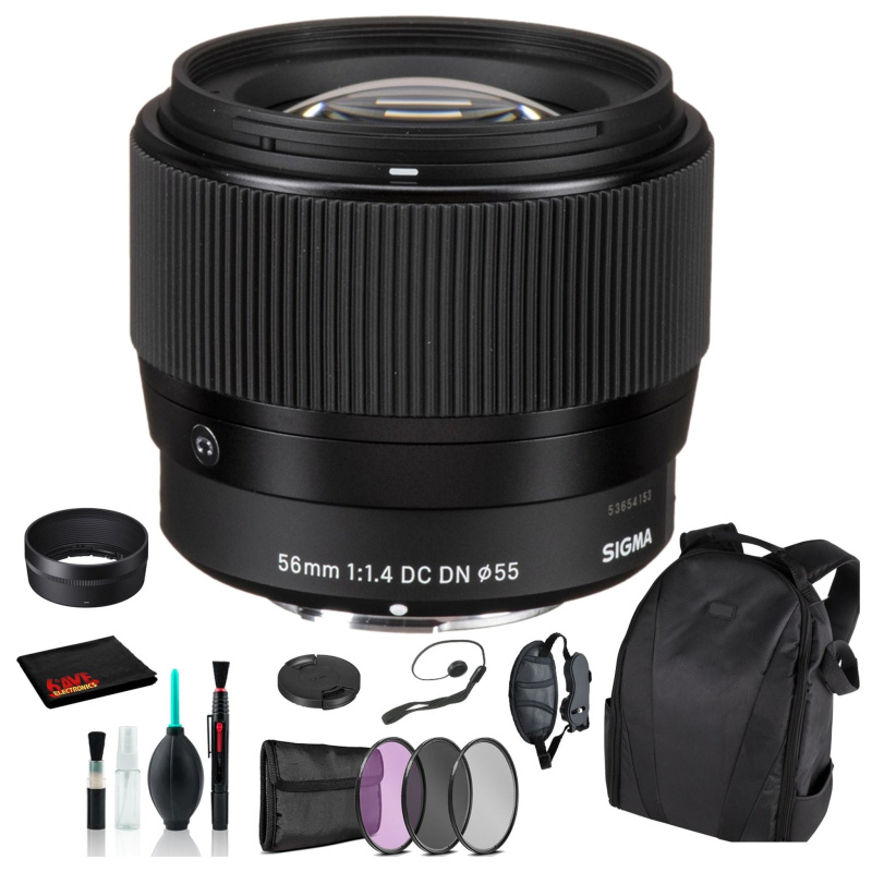 Sigma 56mm f/1.4 DC DN Contemporary Lens for Micro Four Thirds with Essential Bundle: Backpack + 3PC Filter + More