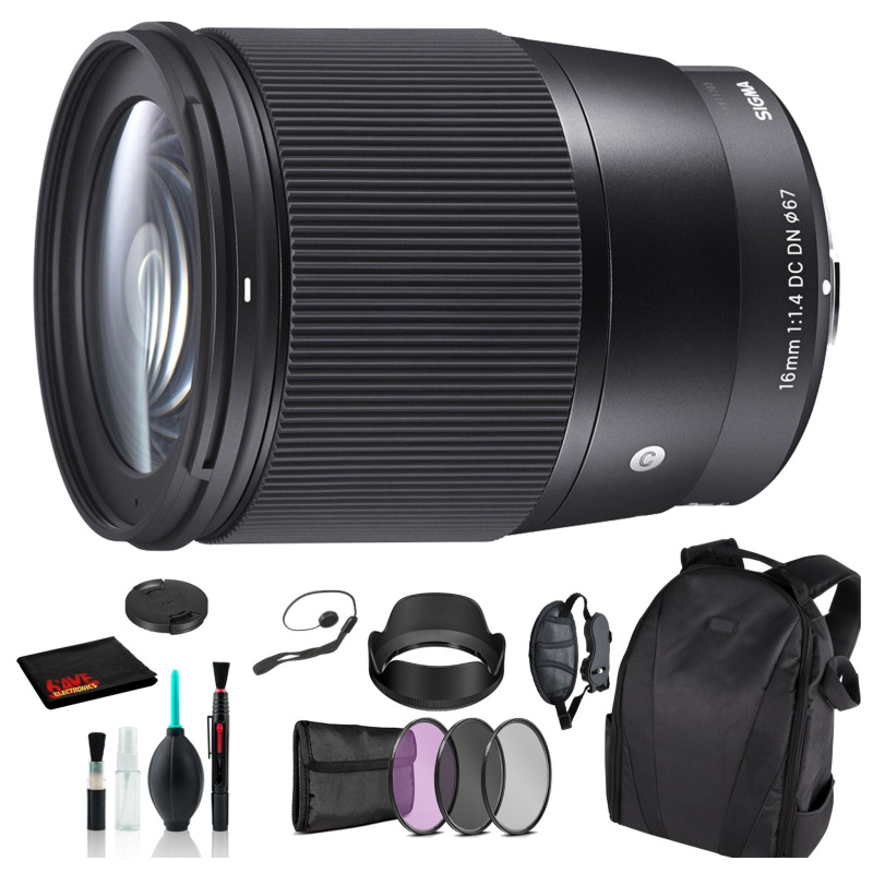 Sigma 16mm f/1.4 DC DN Contemporary Lens for Micro Four Thirds with Essential Bundle: Backpack + 3PC Filter + More